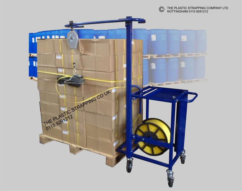 Horizontal strapping trolley for plastic strapping